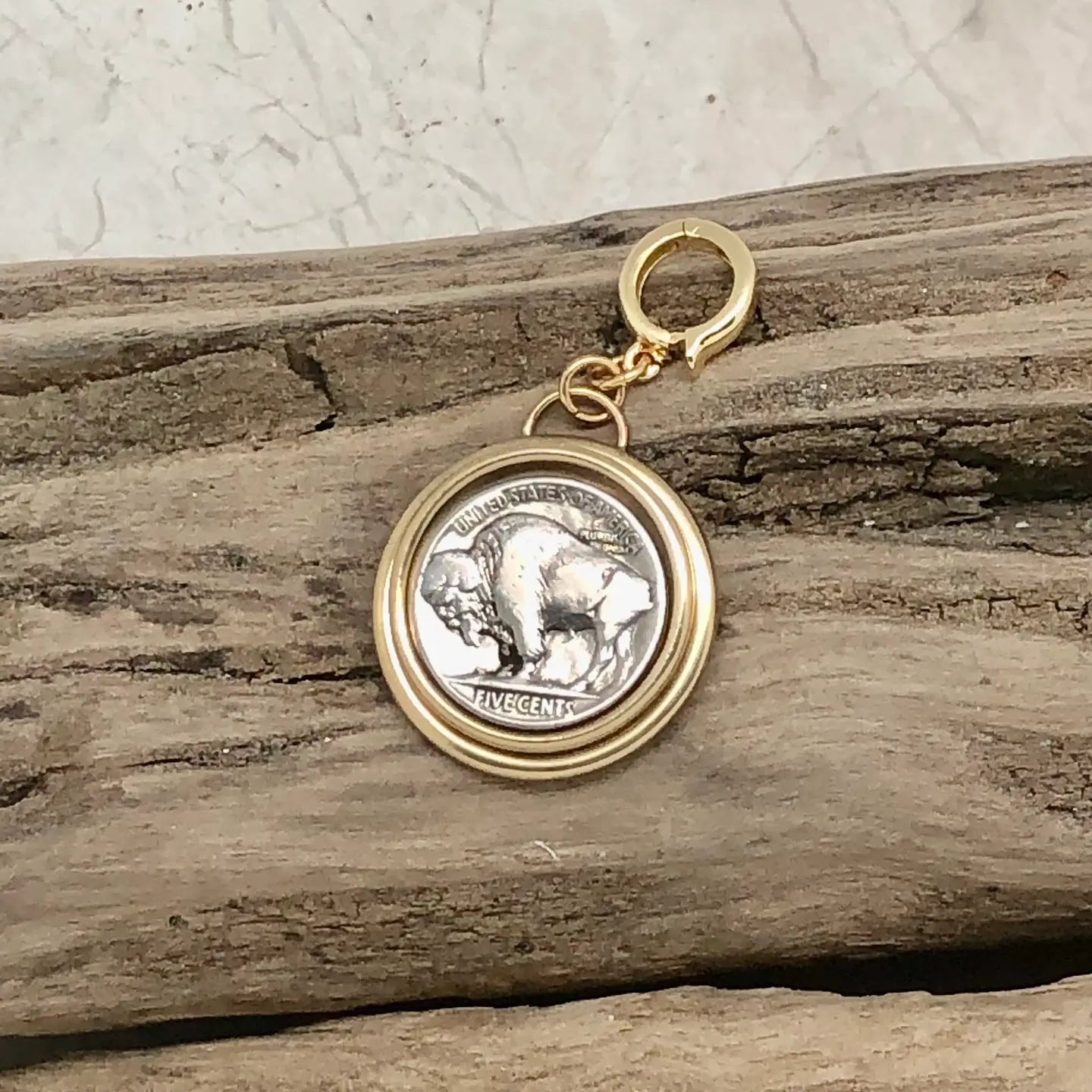 Vintage Coin Us Buffalo Nickel/Vintage Bevel On Gold Hook