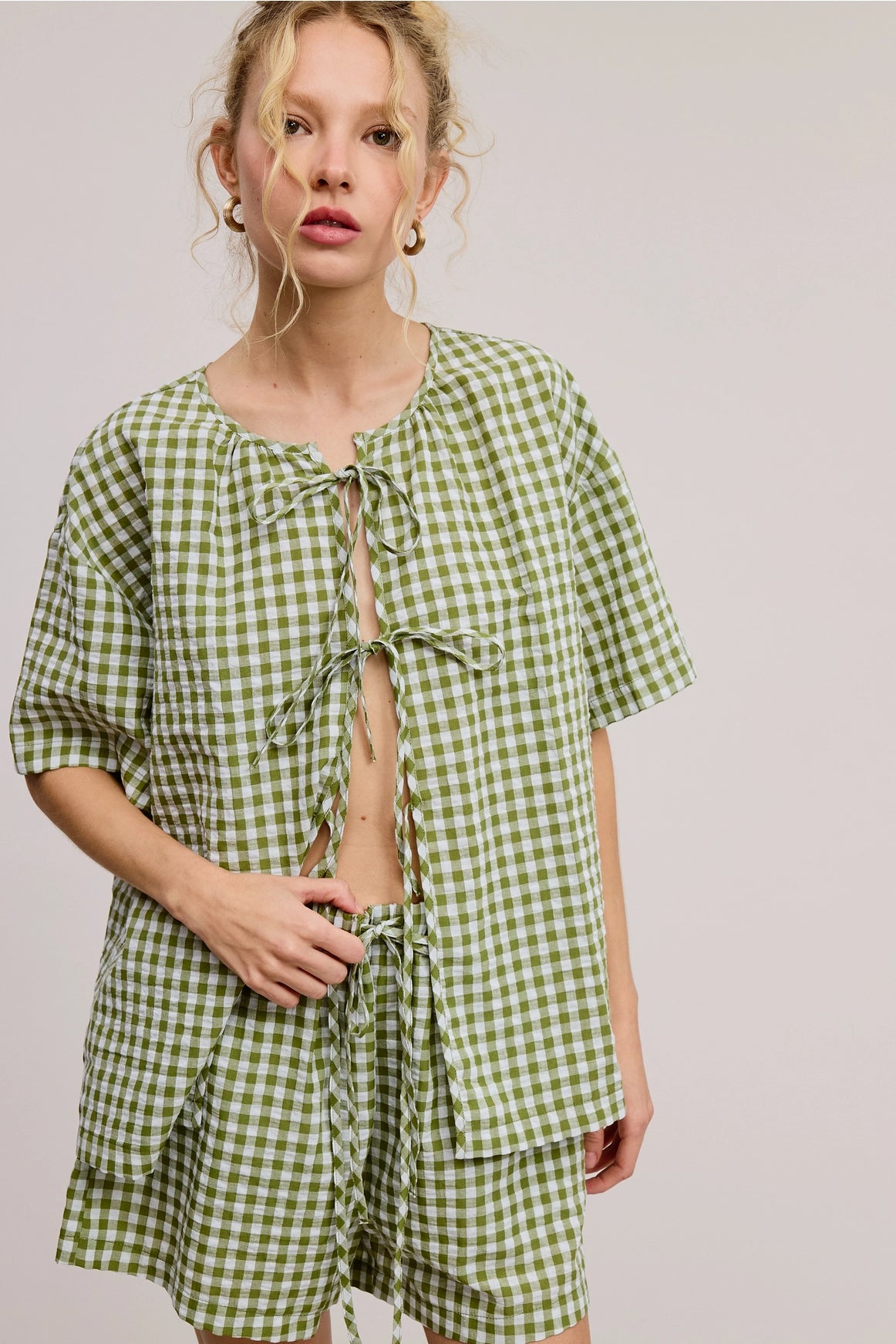 Gingham Open-Front Self-Tie Ribbon Top and Shorts Set