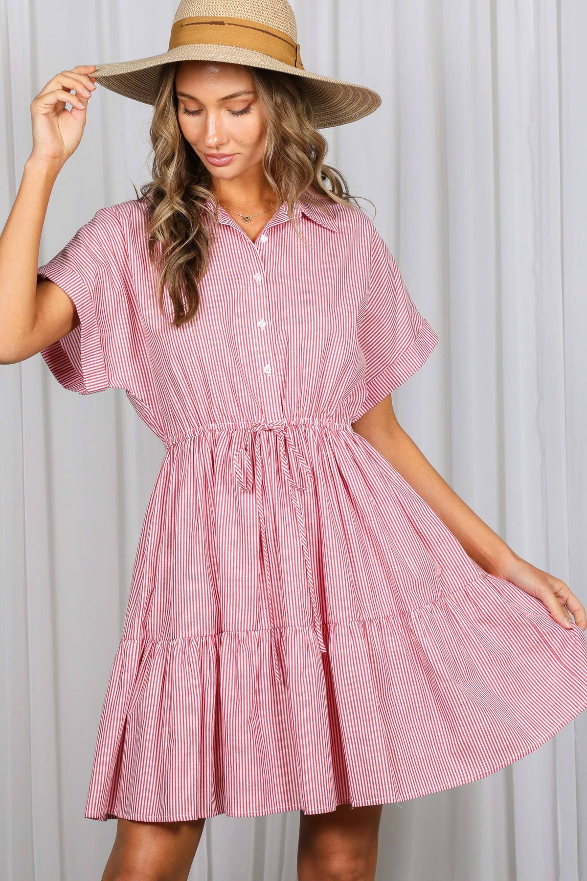 Striped Short Roll-Up Sleeve Casual Dress