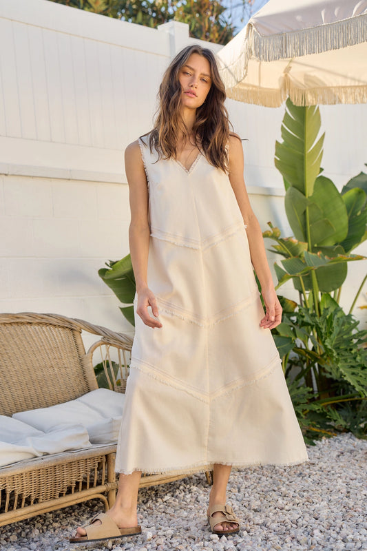 Linen Frayed V-Neck Sleeveless Midi Dress