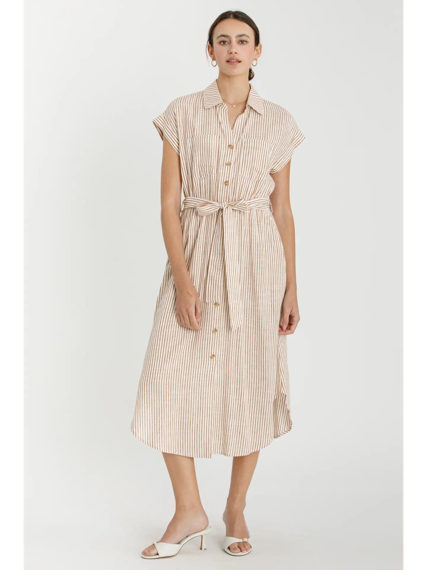 Striped Utility Style Shirt Dress W Waist Tie