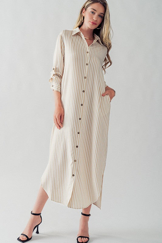 Elsie Polyester Stripe Long Shirt Dress