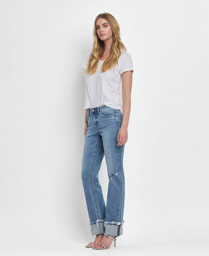 Mid Rise Cuffed Straight Jeans