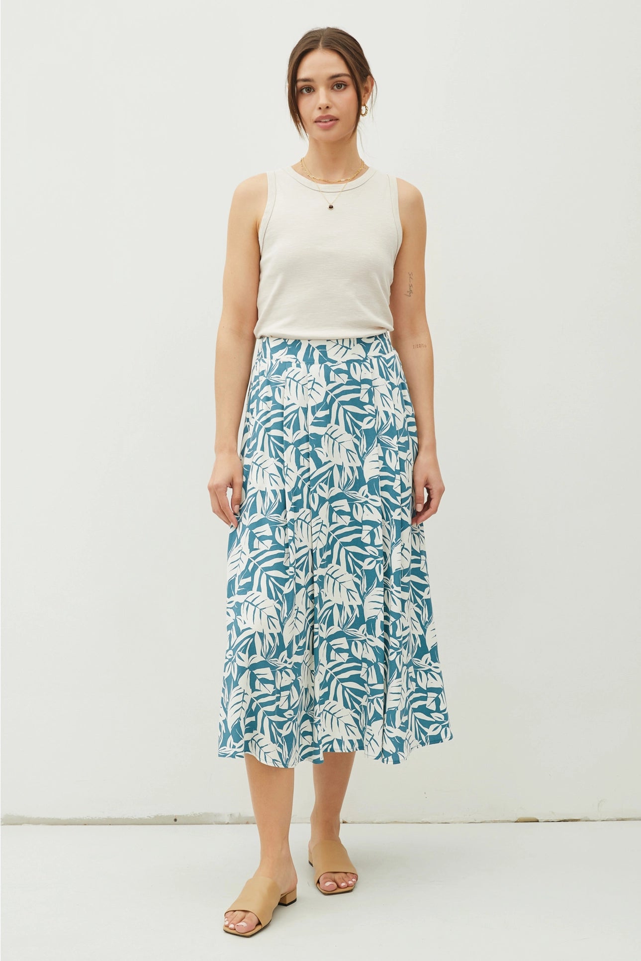 Tropical Print High Rise Pintucked Midi Skirt