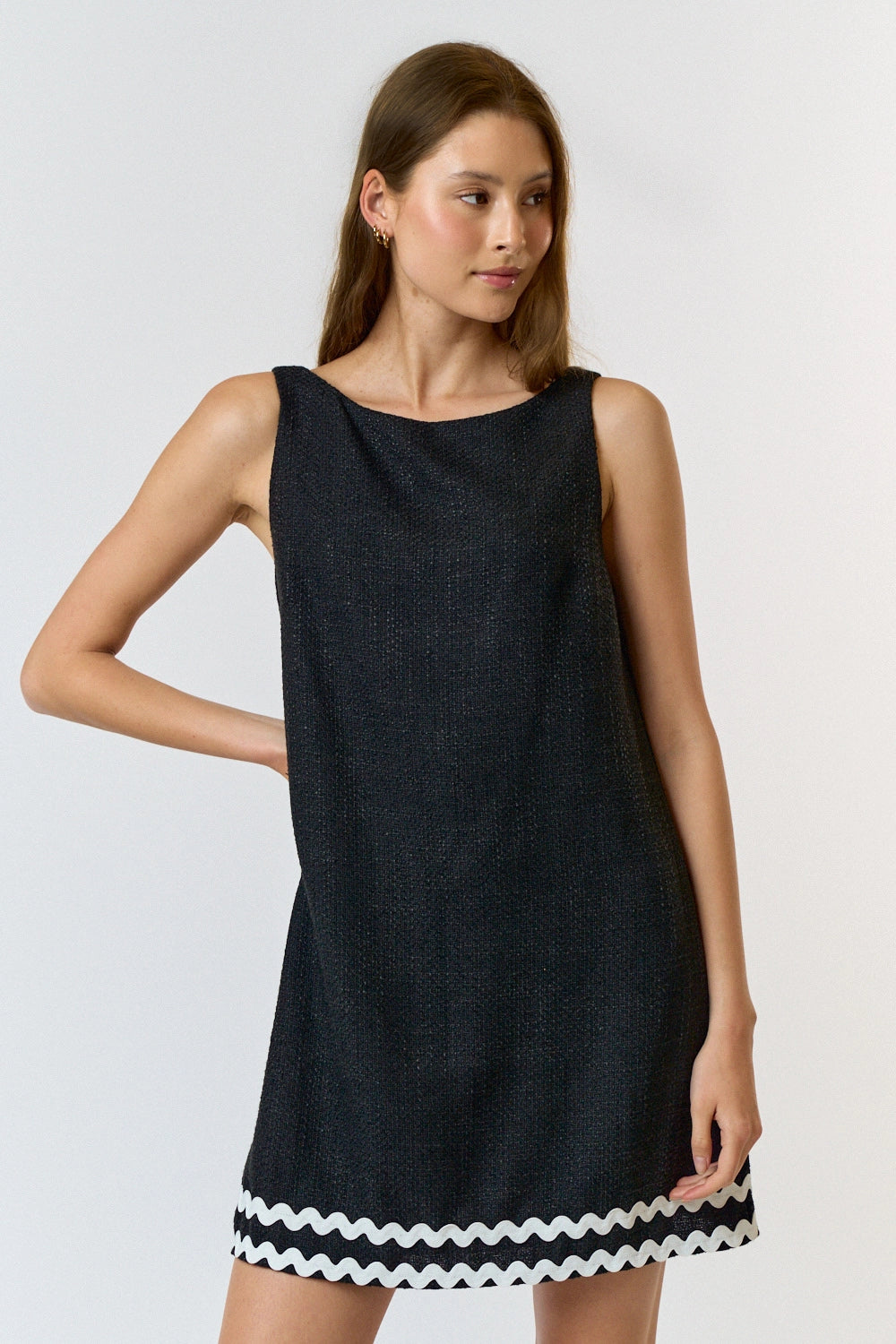 Scalloped Boat Neck Boucle Mini Dress