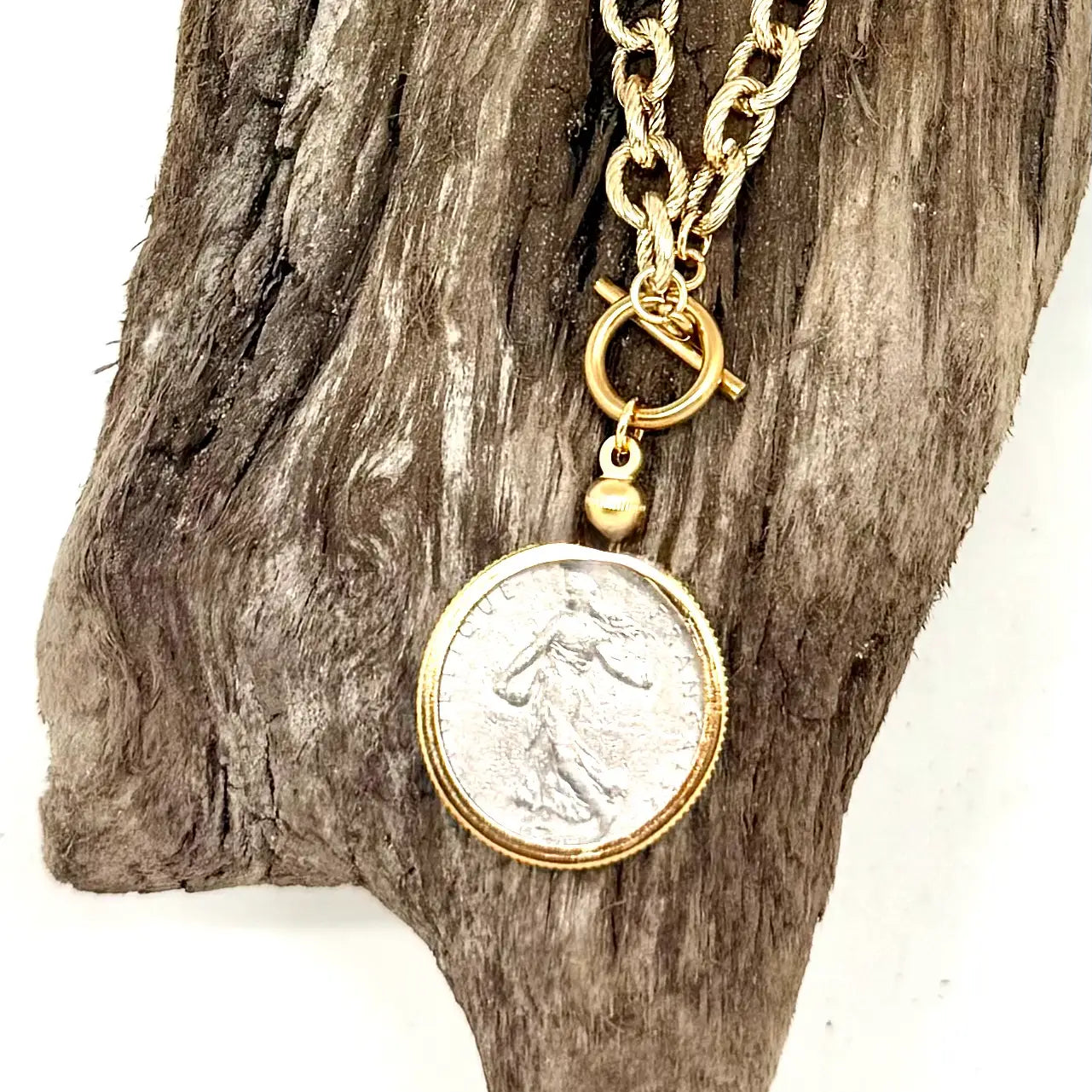 Necklace French Coin On Double Sided Bezel/Vintage Goldchain