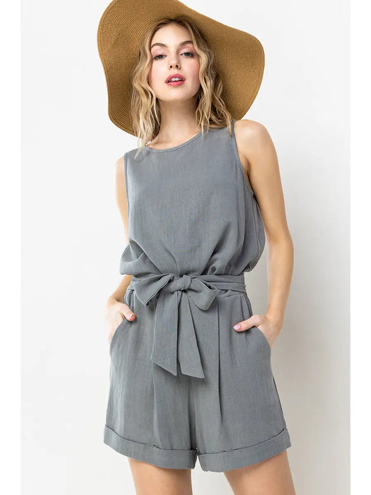 Linen Sleeveless Top and Self Tie Shorts Set