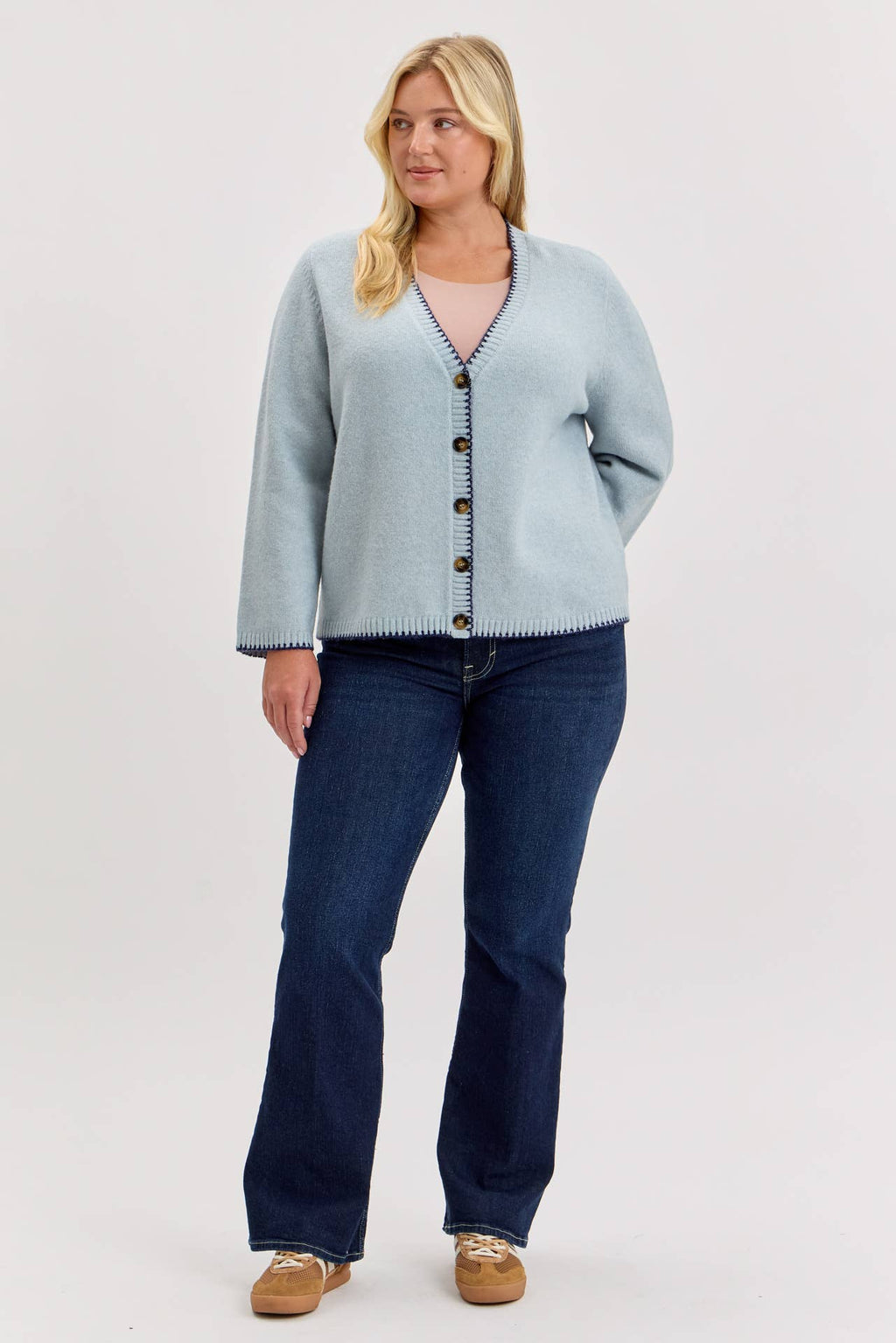 [PLUS] WOOL BLENDED MERROW STITCH BOXY CARDIGAN