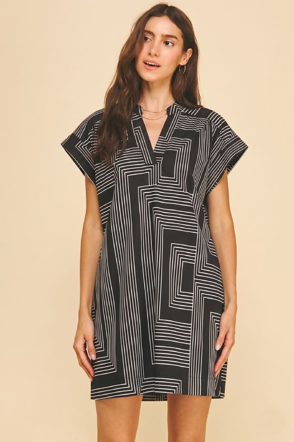 Geometric Print V-Neck Tunic Mini Dress