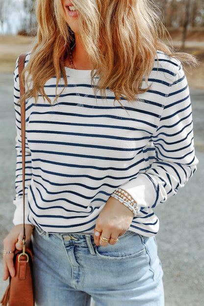 Striped Ribbed Trim Long Sleeve Top