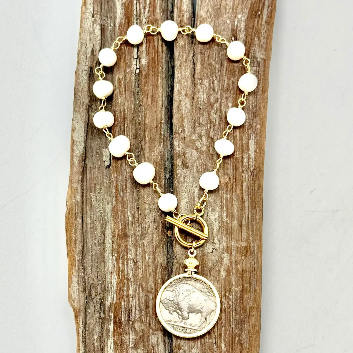 Bracelet Buffalo Nickel Doublesided Bezel,Freshwater Pearl7”