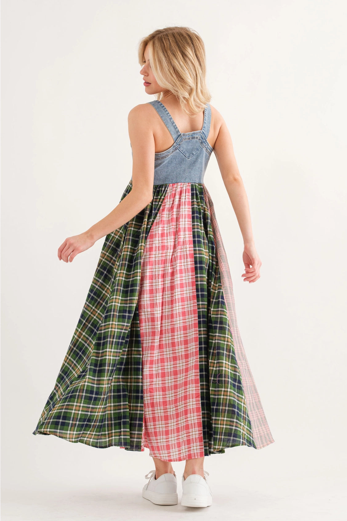 Denim Multi Fabric Pleated Suspender Dress | Green Multi