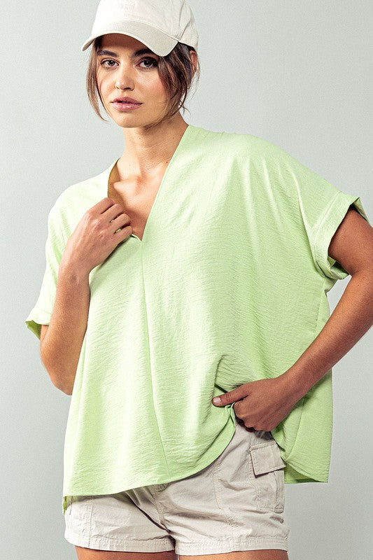 Oversized Vneck Folded Short Sleeve Top