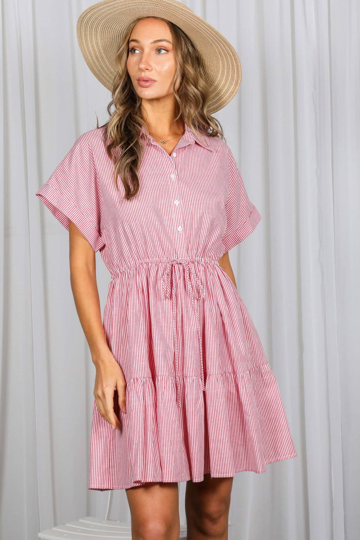 Striped Short Roll-Up Sleeve Casual Dress