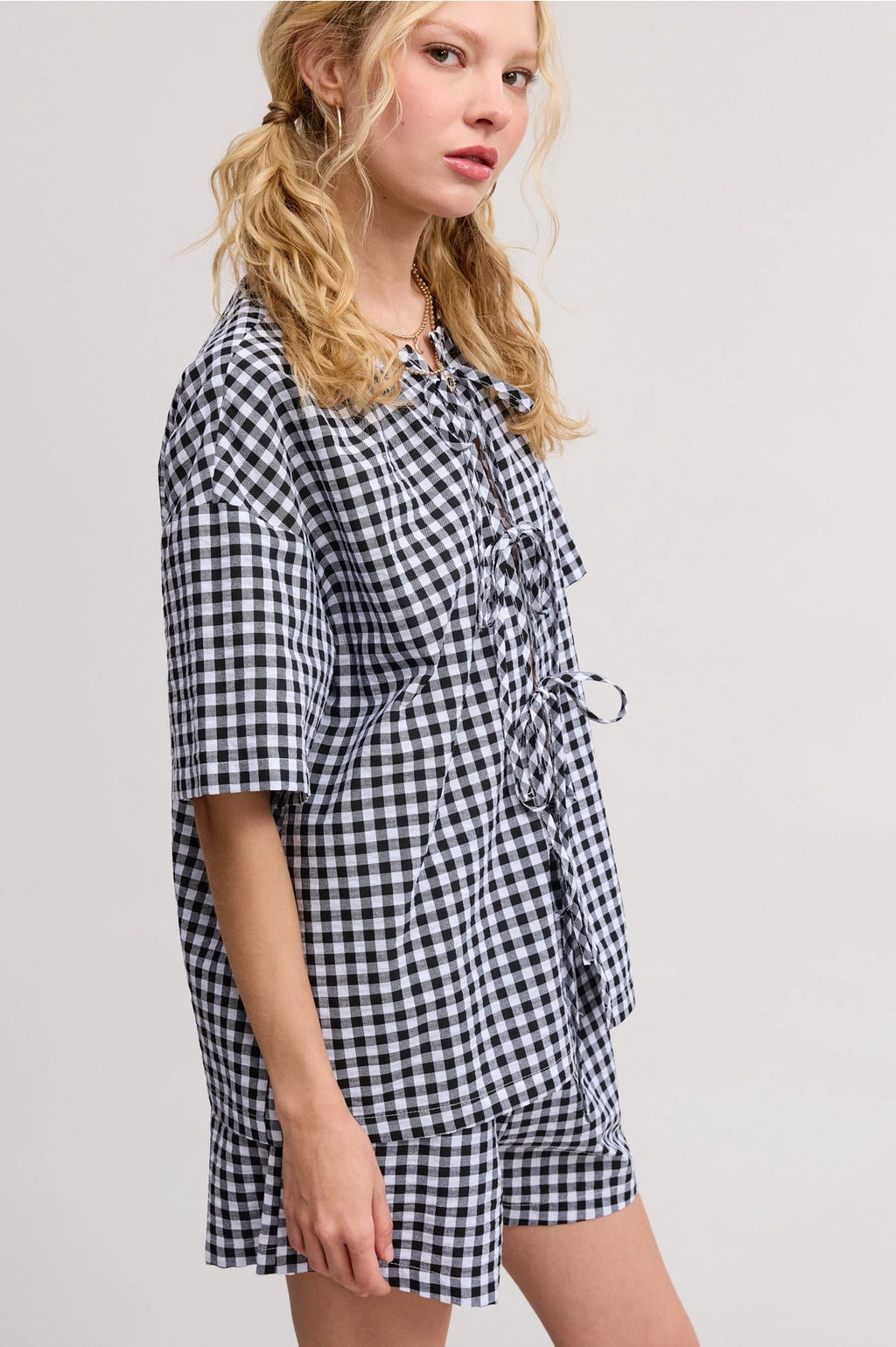 Gingham Open-Front Self-Tie Ribbon Top and Shorts Set