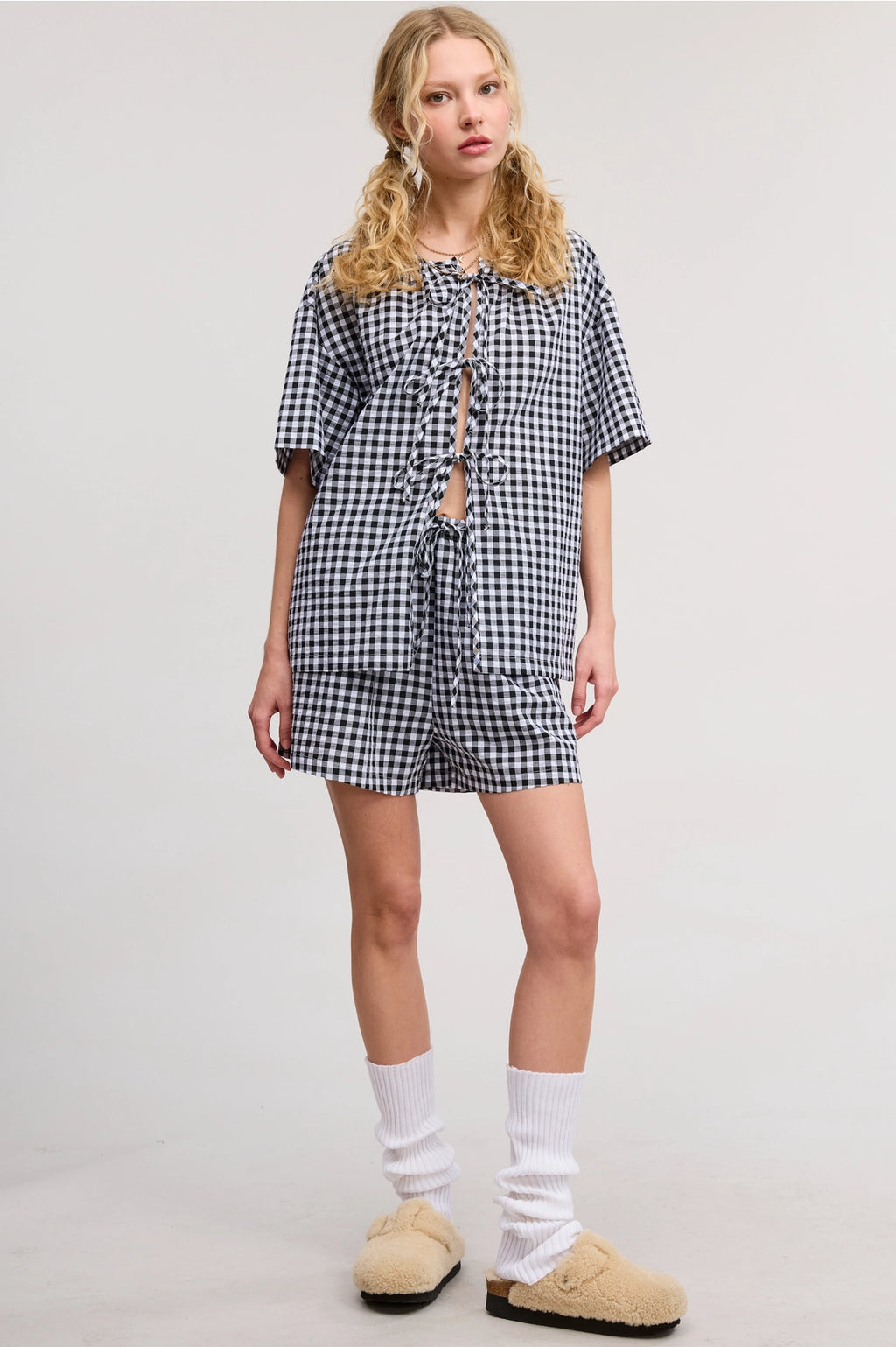 Gingham Open-Front Self-Tie Ribbon Top and Shorts Set