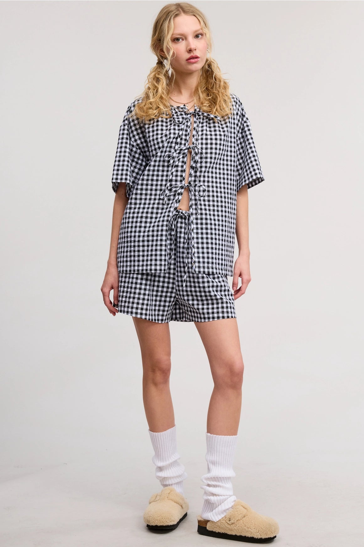 Gingham Open-Front Self-Tie Ribbon Top and Shorts Set