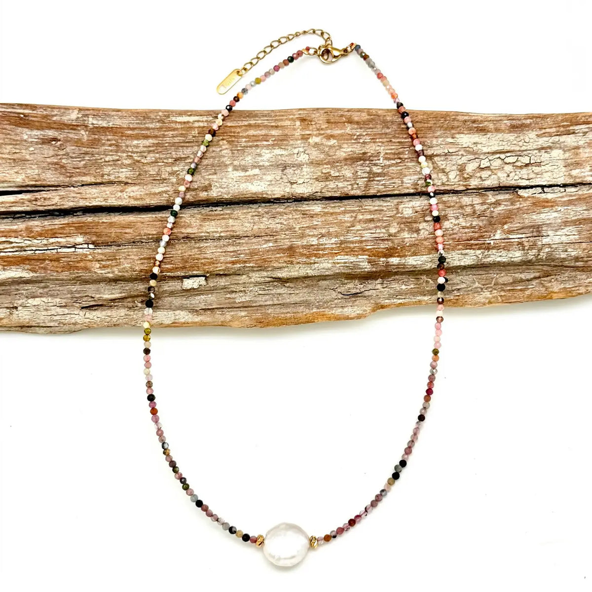 Necklace Tourmaline 3mm W/Freshwater Coin 16”w/2” Ext.