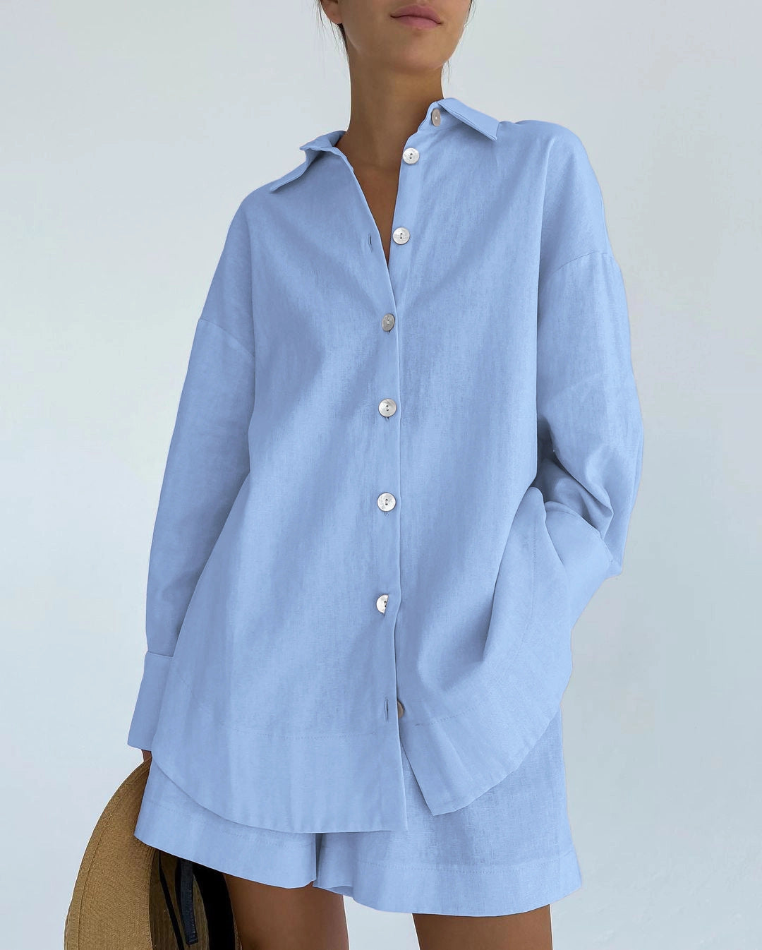 Solid Color Shirt and Long loose Shorts 2 Peice Set