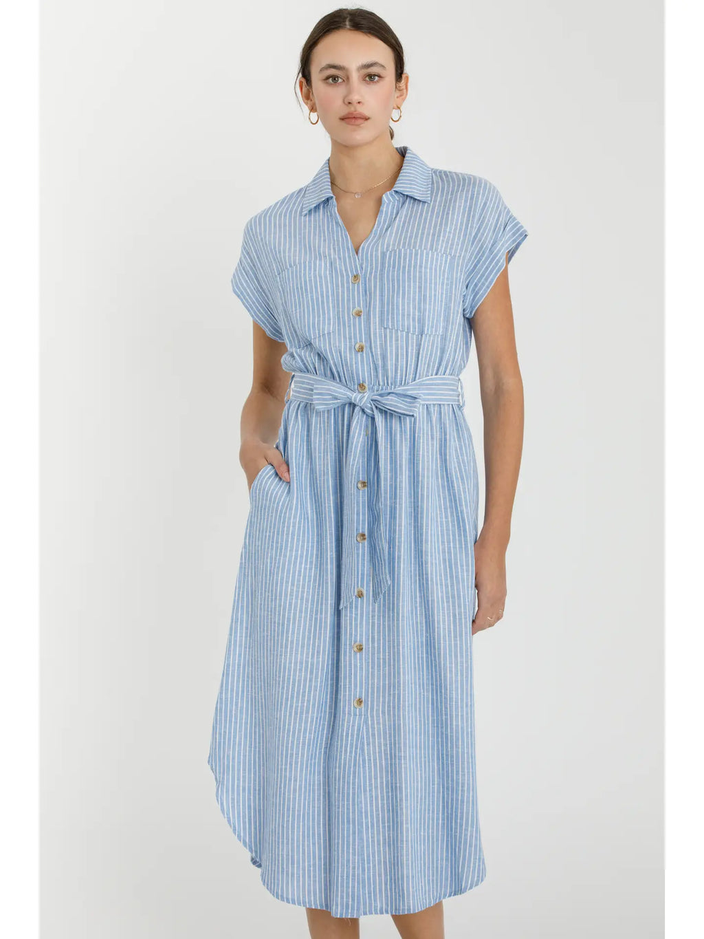 Striped Utility Style Shirt Dress W Waist Tie
