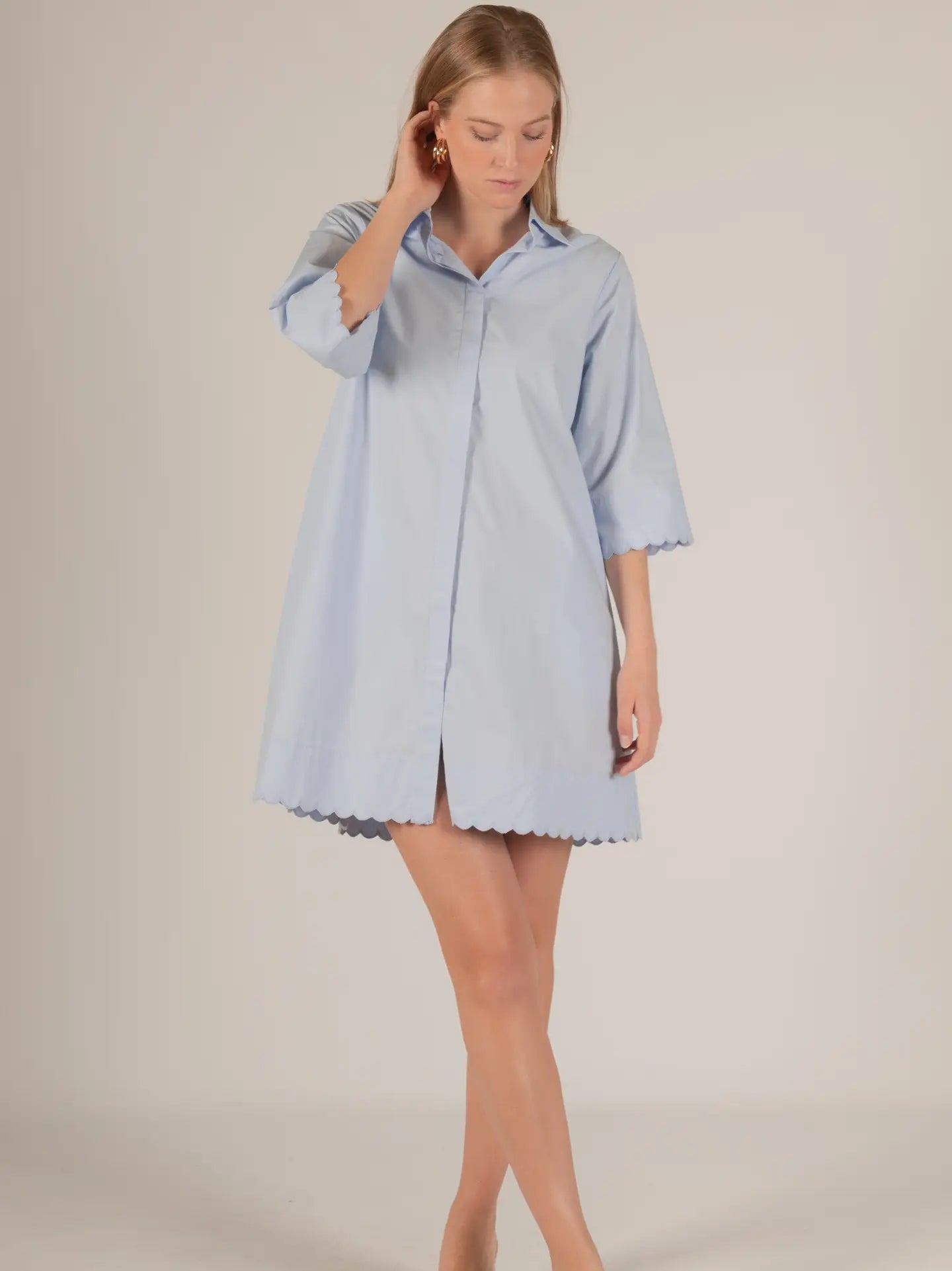 Poplin Scalloped Hem Button Up Shirt Dress