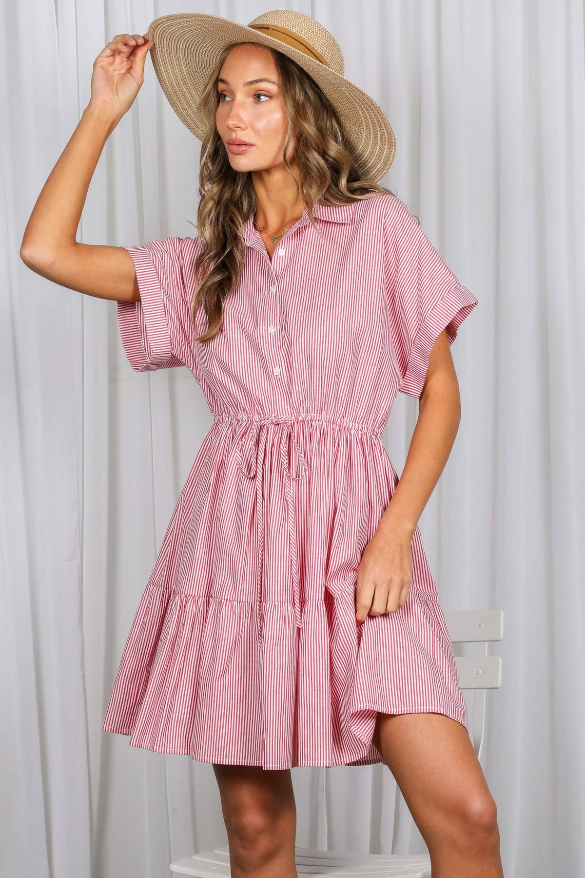 Striped Short Roll-Up Sleeve Casual Dress