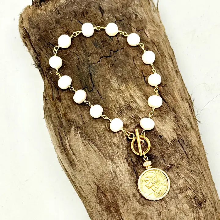 Bracelet French Coin/Double Sided Bezel/Freshwater Pearls18”