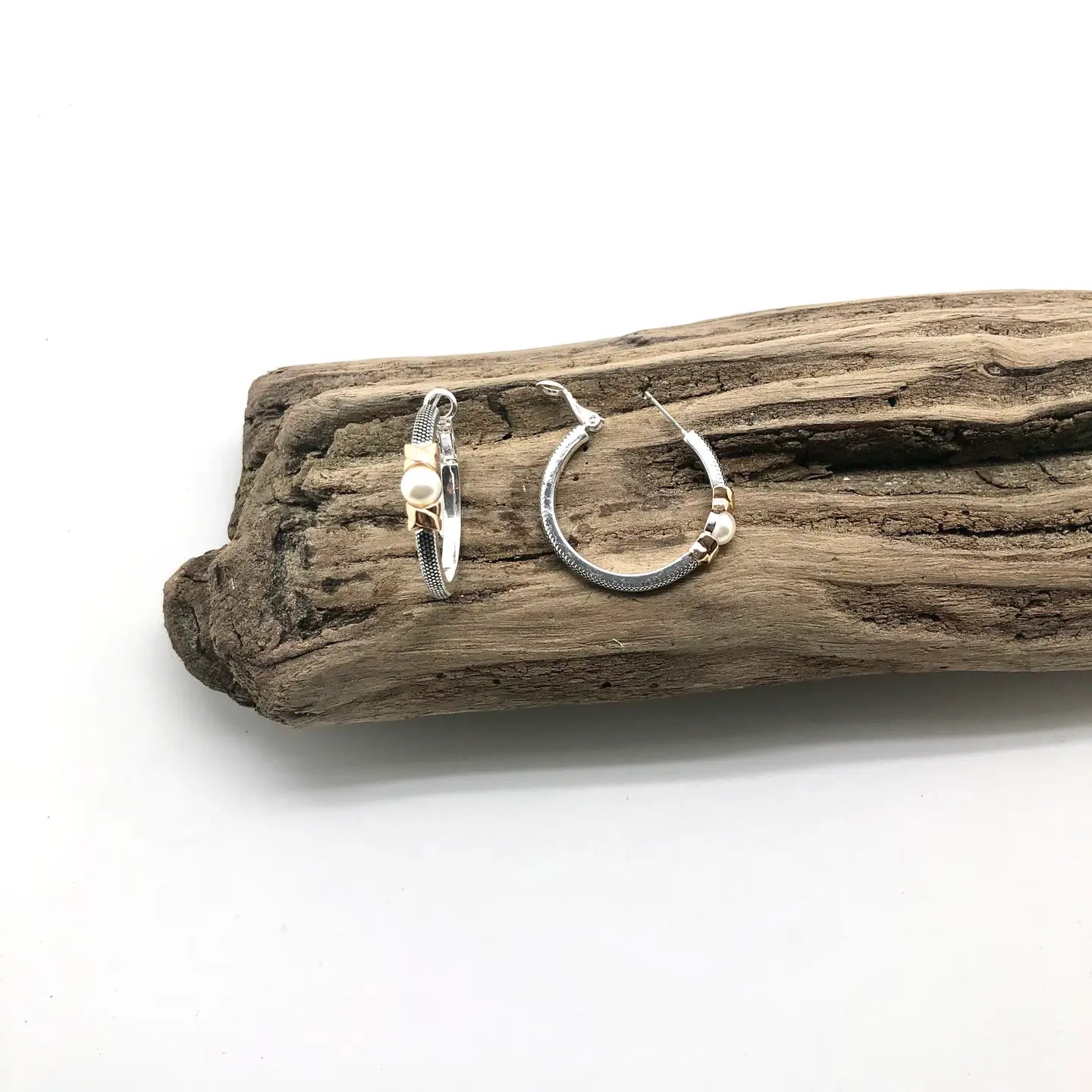 Earring Medium Hoop Alloy Plated Glass Pearl Two Tone