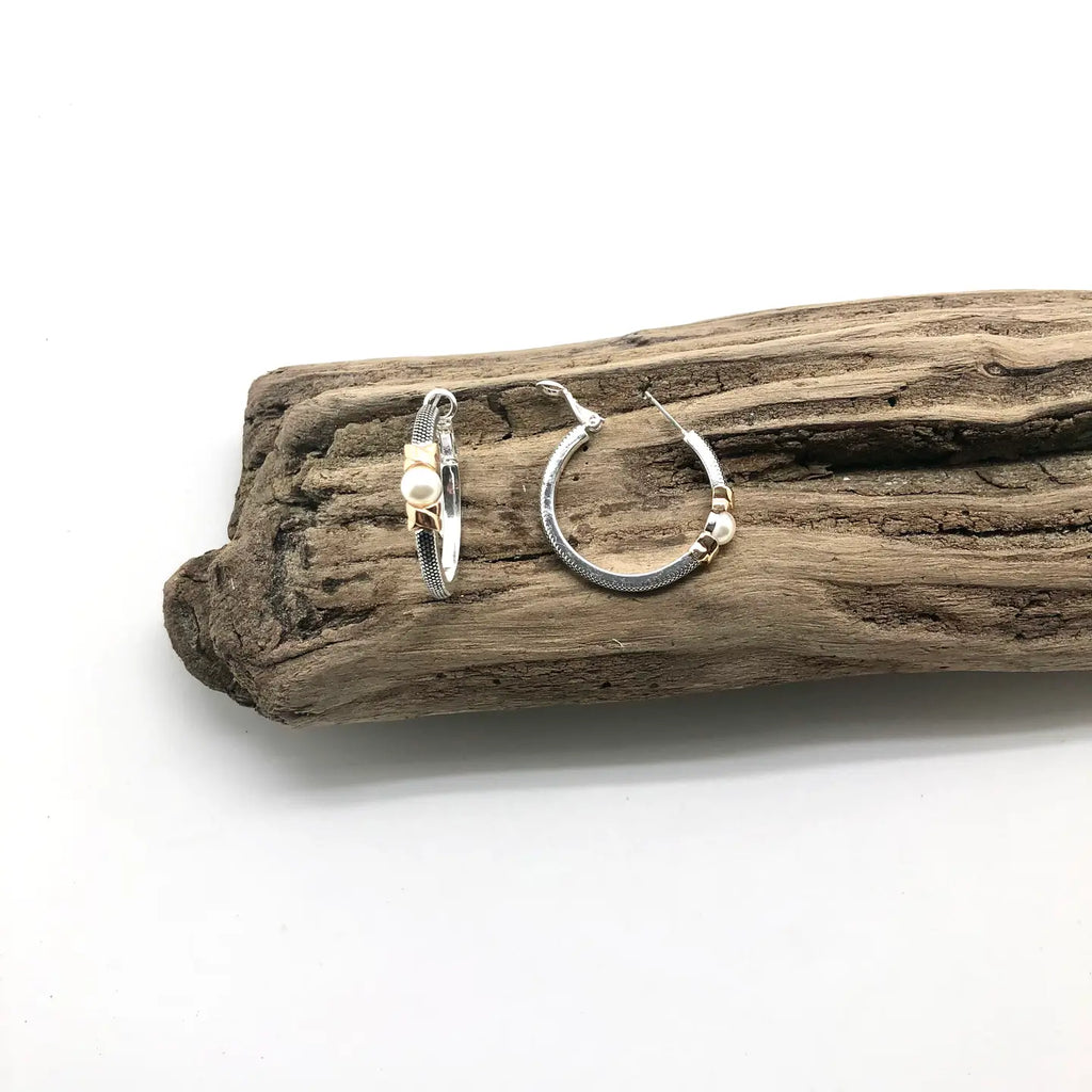 Earring Medium Hoop Alloy Plated Glass Pearl Two Tone