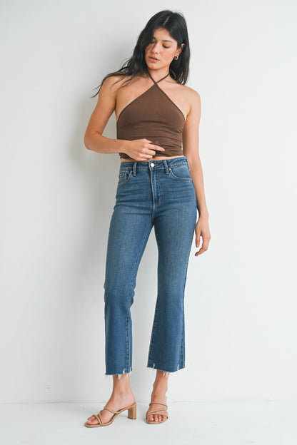 High Rise Crop Flare w/ Distressed Hem