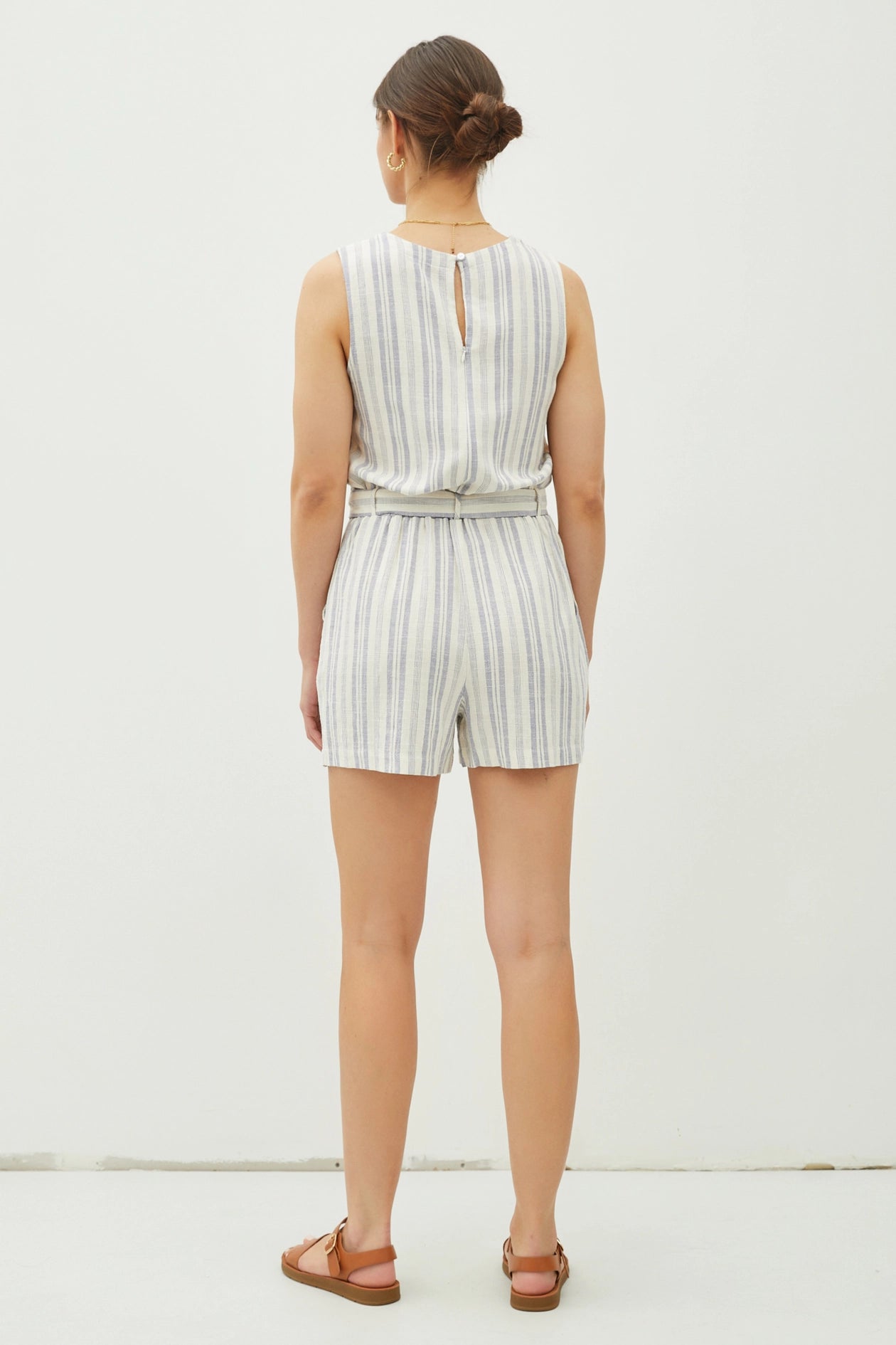 Linen Blend Belted Striped Romper