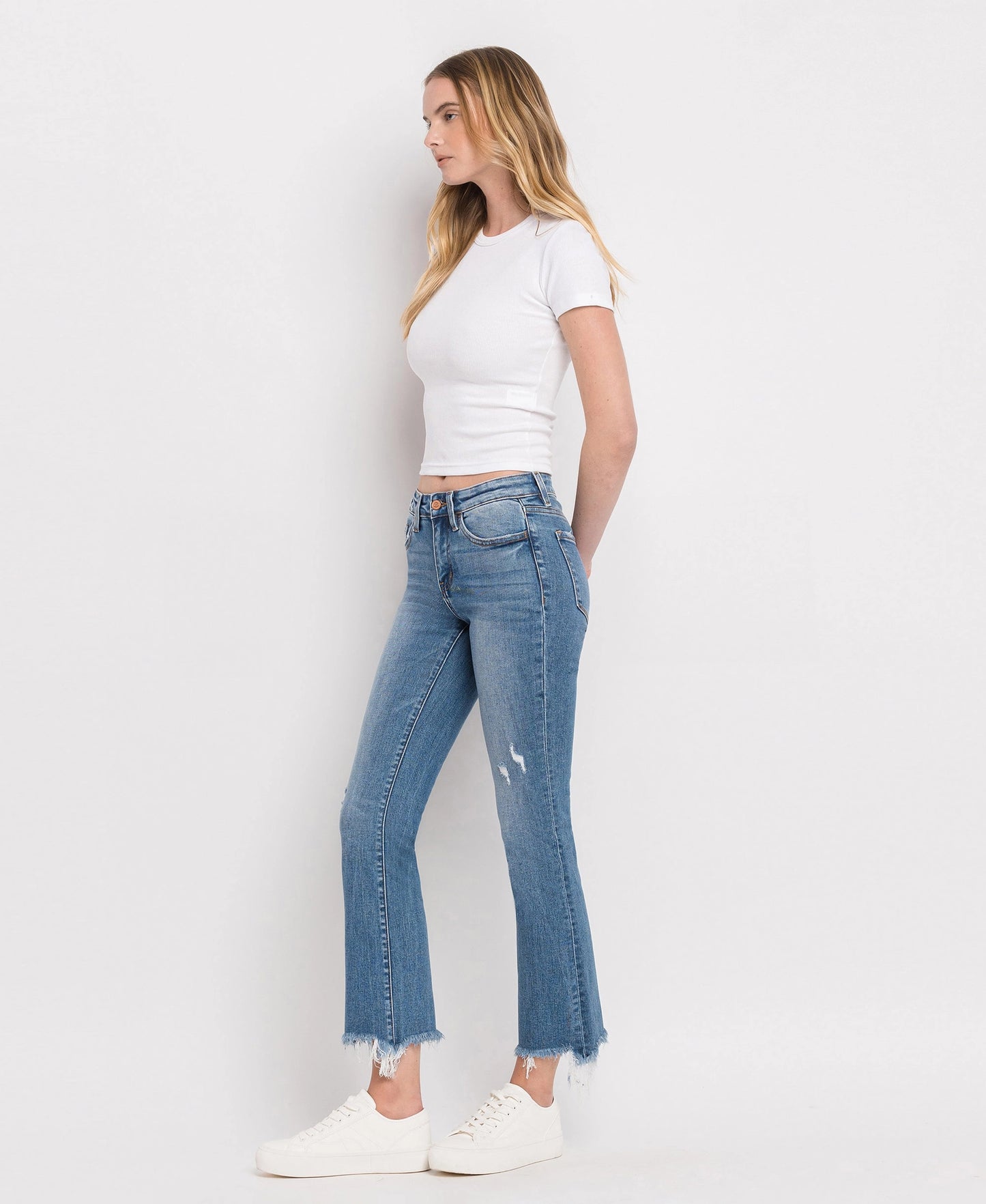 Mid Rise Distressed Ankle Bootcut Jeans