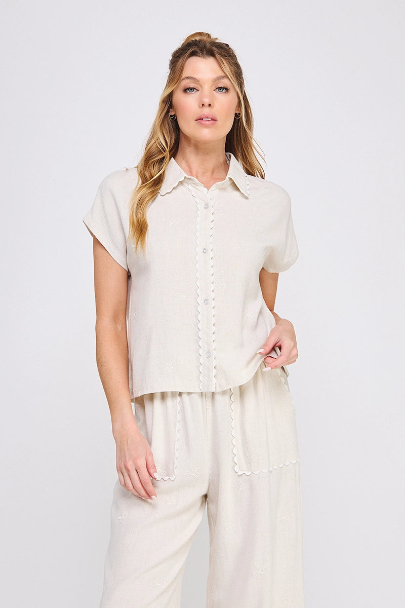 Bow Embroidered Soft Linen Button Down