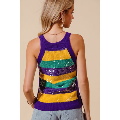 Mardi Gras Color Wide Stripe Clear Sequins Sweater