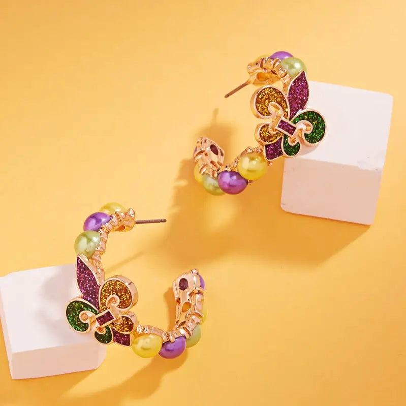 Mardi Gras Pearl Enamel Fleur De Lis Hoop Earrings