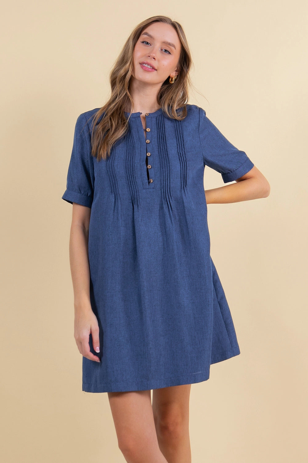 Half Button Down Pintuck Mini Dress