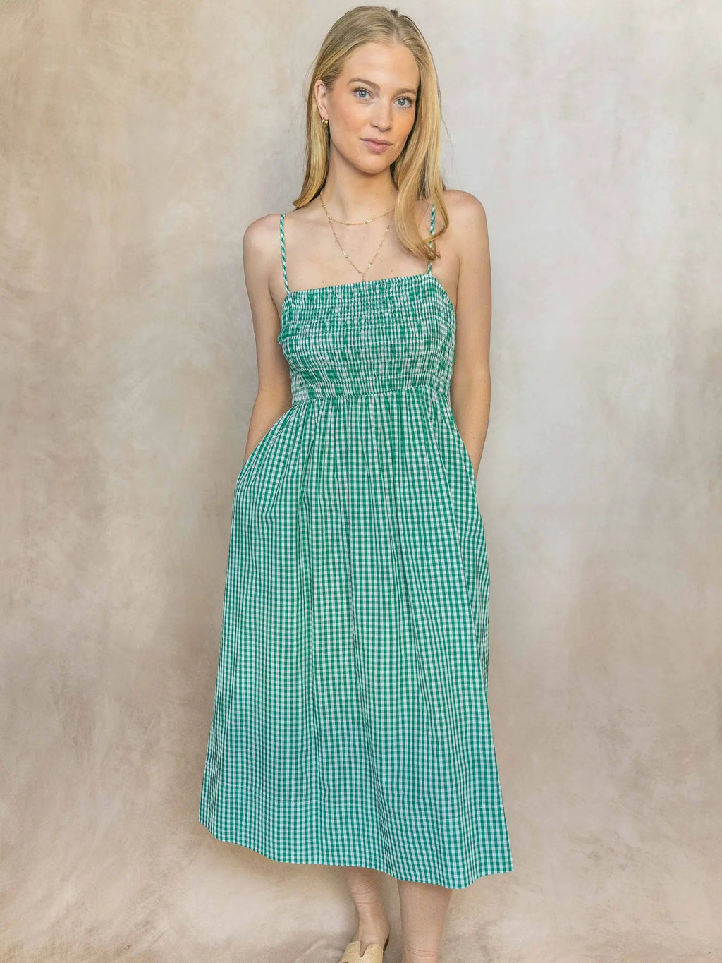 Gingham Print Smocked Bodice Dress