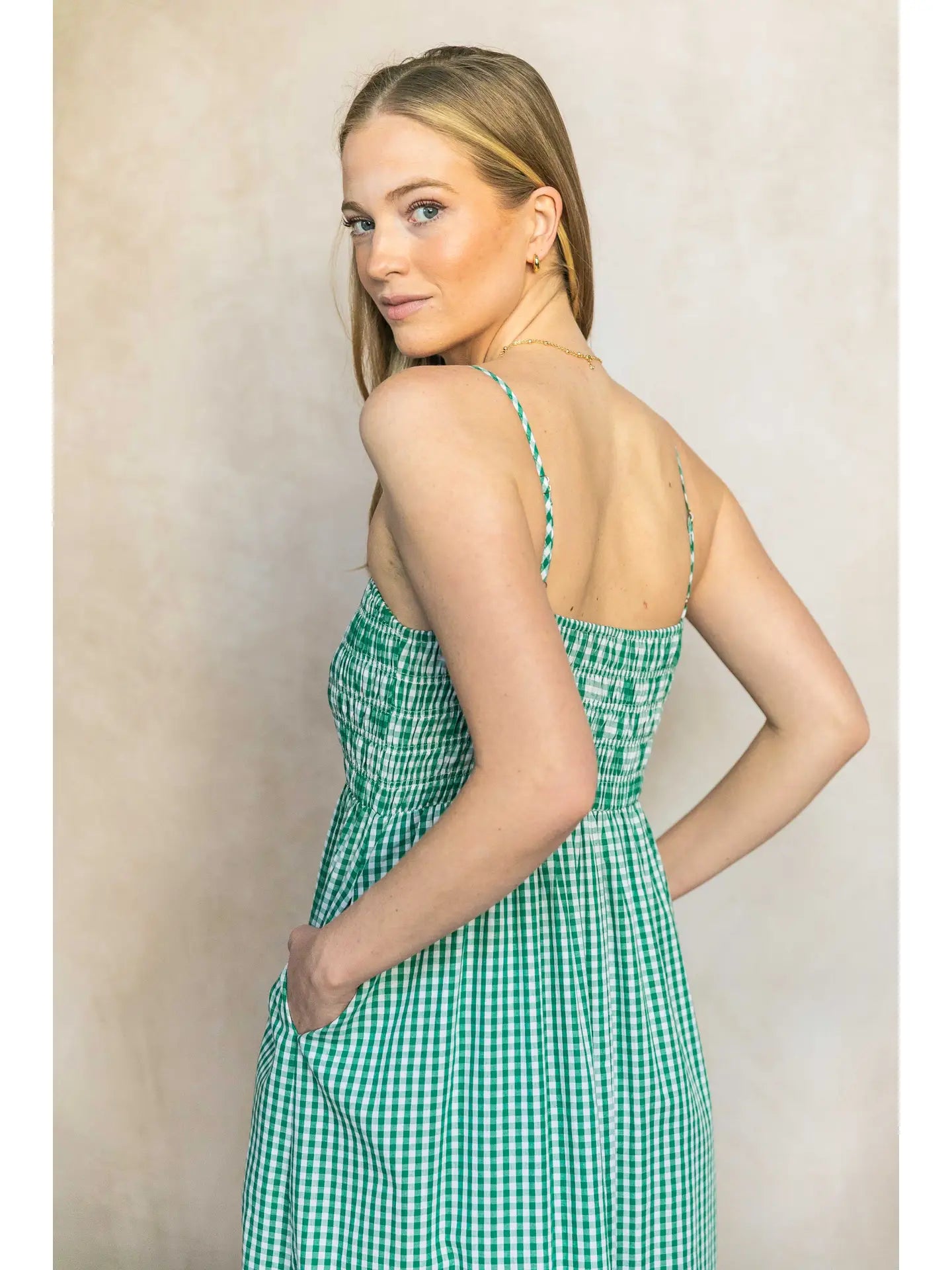 Gingham Print Smocked Bodice Dress