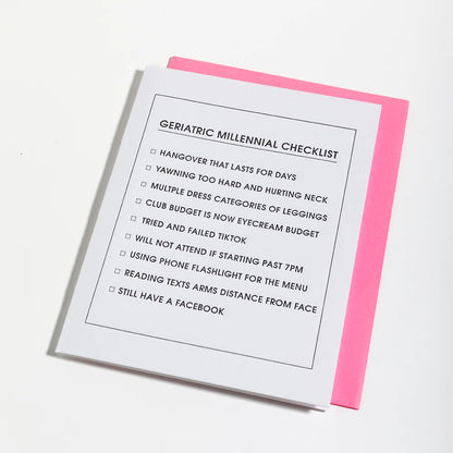 Geriatric Millennial Checklist Letterpress Card