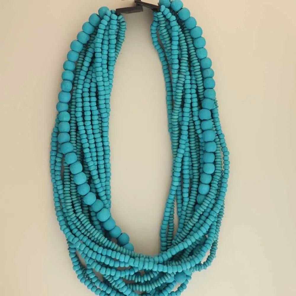 Light Blue Tones Multi-Layer Wood Beaded Necklace
