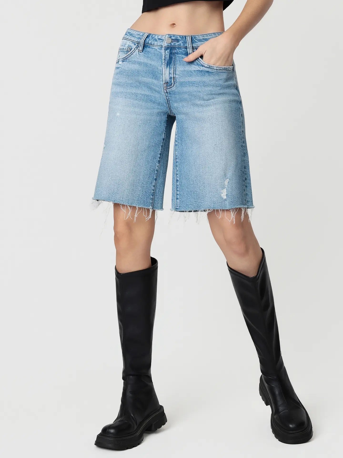 Mid Rise Raw Hem Medium Wash Jorts