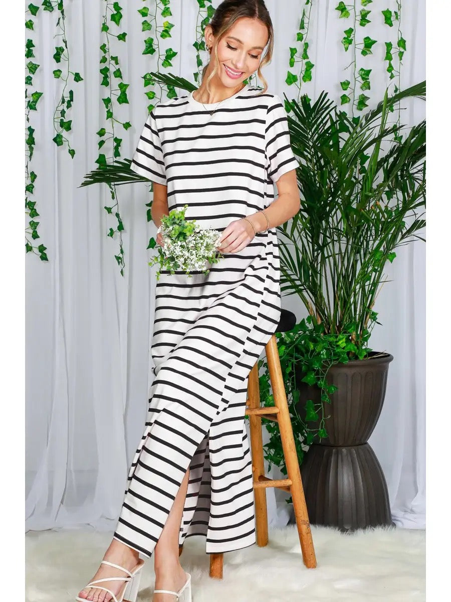 Crew Neck Striped Cotton T-Shirt Maxi Dress