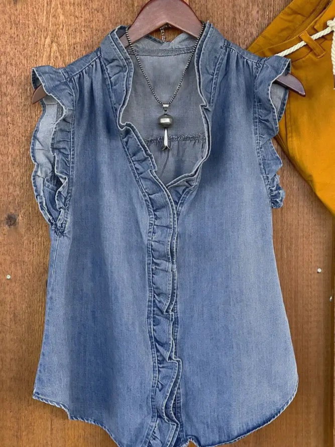 Blue Sleeveless Washed Denim Tank Top