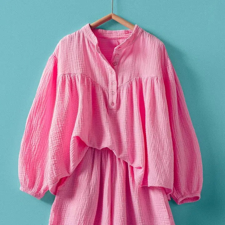 Garment Dyed Cotton Gauze Button Down Shirt and Shorts Set