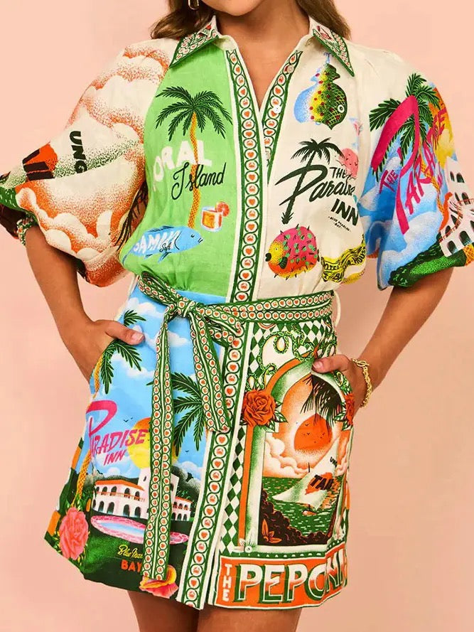 Summer Tropical Summer Print Buttoned Shirt Dress