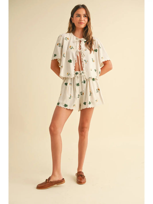 Floral Embroidery Tied Front Top