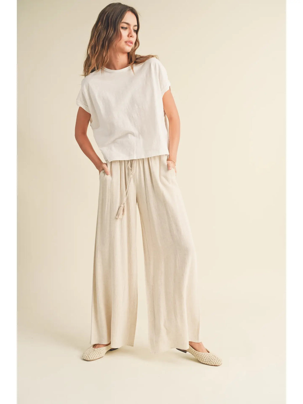 Cotton Linen Smocked Waist Pants with Tassel