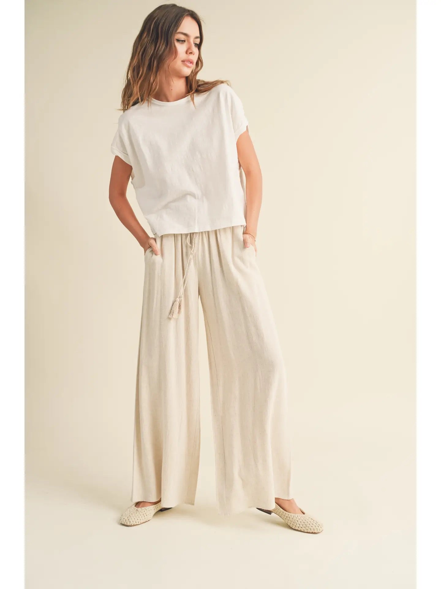 Cotton Linen Smocked Waist Pants with Tassel