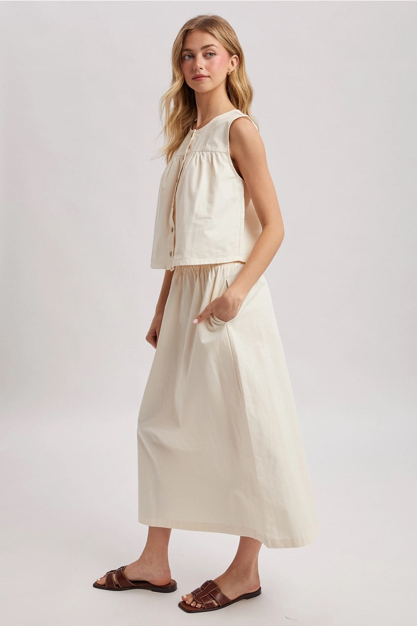Cotton Button-Up Tank Top and Skirt Set