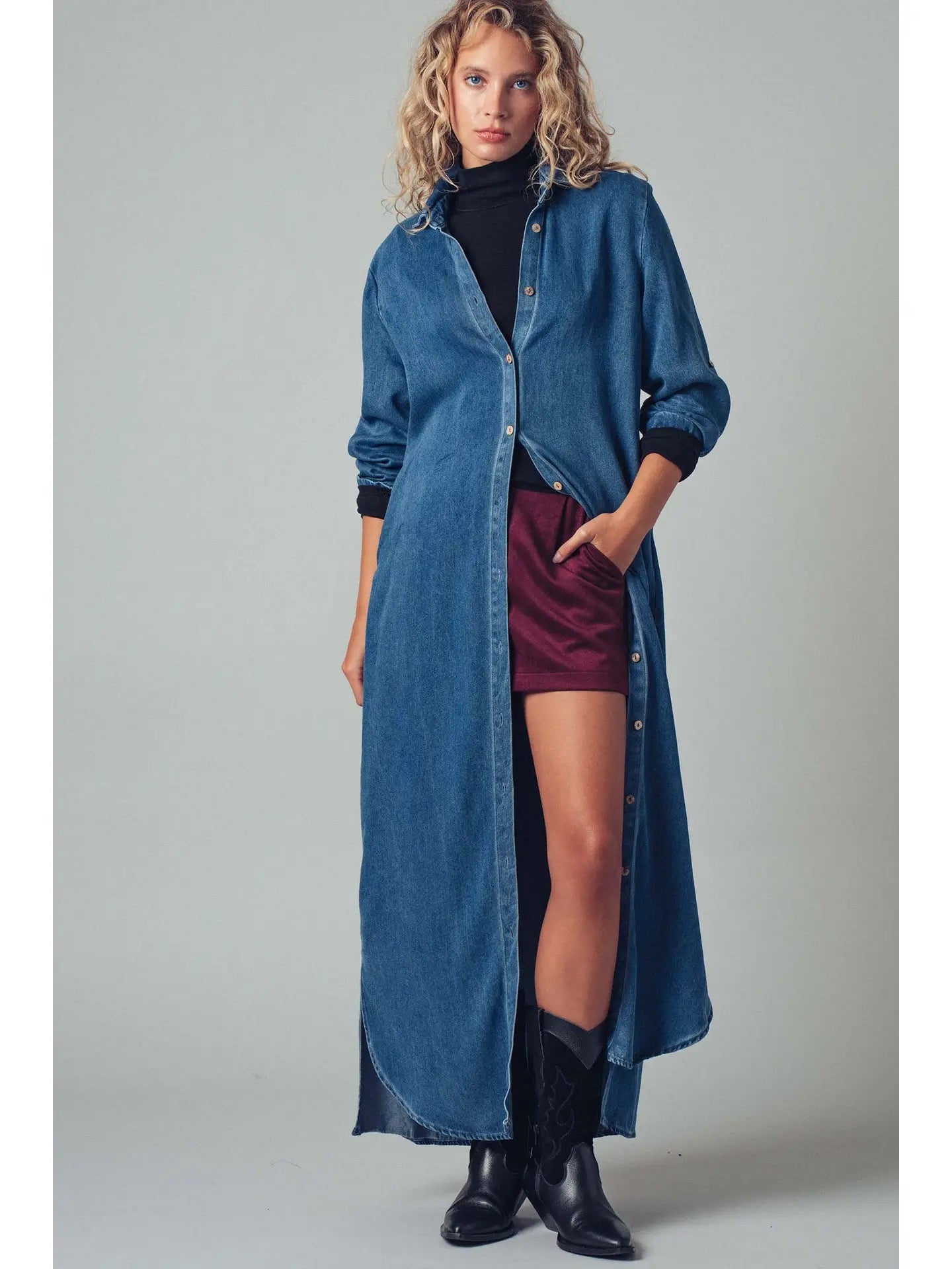 Relaxed Button-Down Western Denim Midi Dress